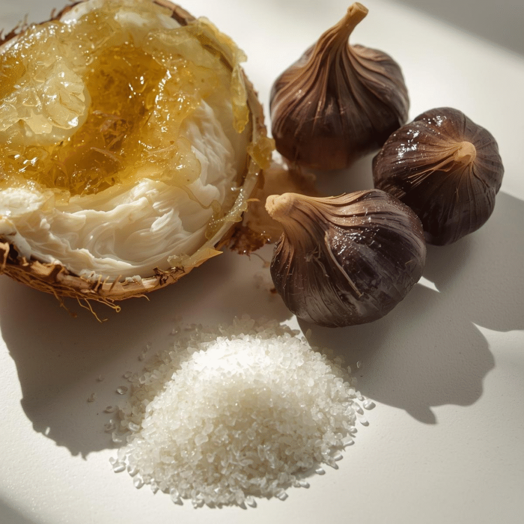 black garlic, coconut, sugar